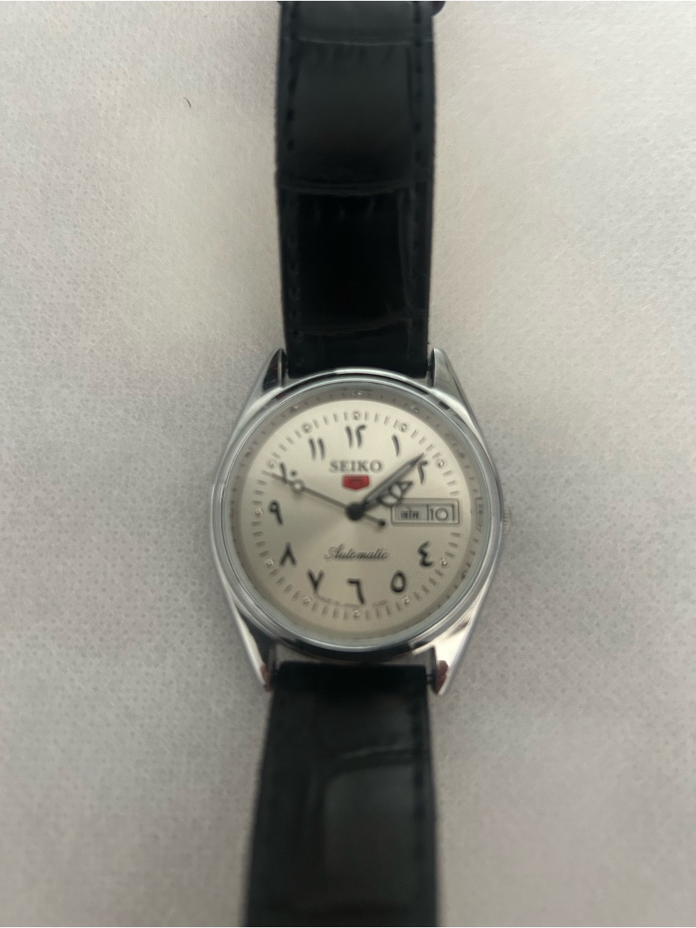 Seiko Silver Case White Dial Black Leather Strap Watch